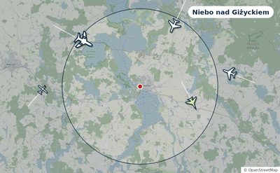 Mapa okolic miasta z sylwetkami samolotów — Niebo nad Giżyckiem